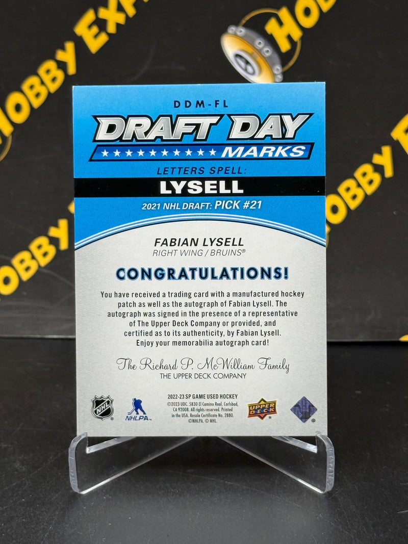 Fabian Lysell Draft Day Marks ERROR - Boston Bruins 2022-23 SP Game Used