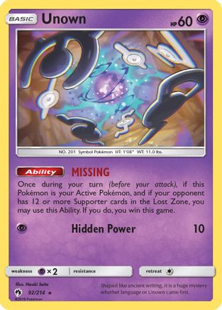 Unown (092/214) [SM  Lost Thunder] Reverse Holofoil - Rare