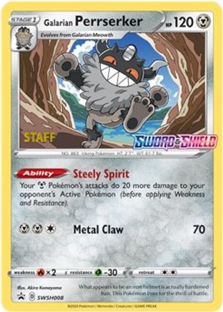 Galarian Perrserker - SWSH008 (Prerelease) [Staff] (SWSH008) [SWSH Sword & Shield Promo Cards] Holofoil - Promo