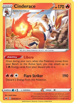 Cinderace (034/202) [SWSH01 Sword & Shield Base Set] Reverse Holofoil - Holo Rare