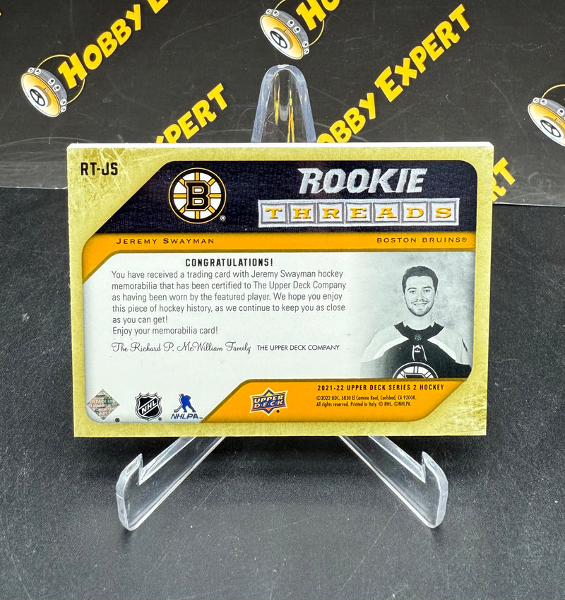 Jeremy Swayman Rookie Threads 3 Color Patch 09/15 - Boston Bruins