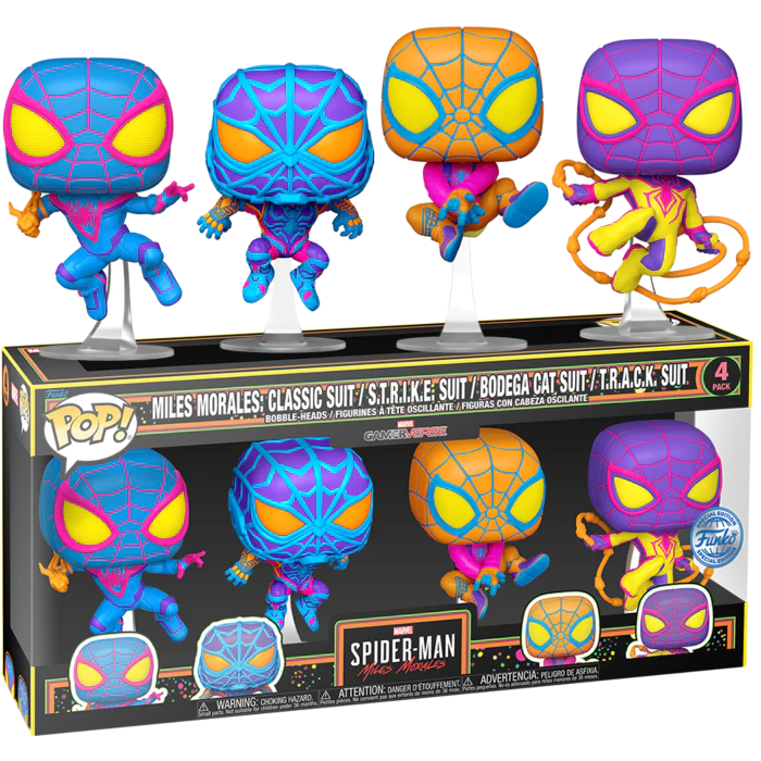Miles Morales: Classic Suit / STRIKE Suit / Bodega Cat Suit / TRACK Suit - Marvel Spider-Man Miles Morales 4 Pack (No Sticker)