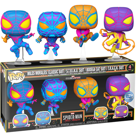 Miles Morales: Classic Suit / STRIKE Suit / Bodega Cat Suit / TRACK Suit - Marvel Spider-Man Miles Morales 4 Pack (No Sticker)